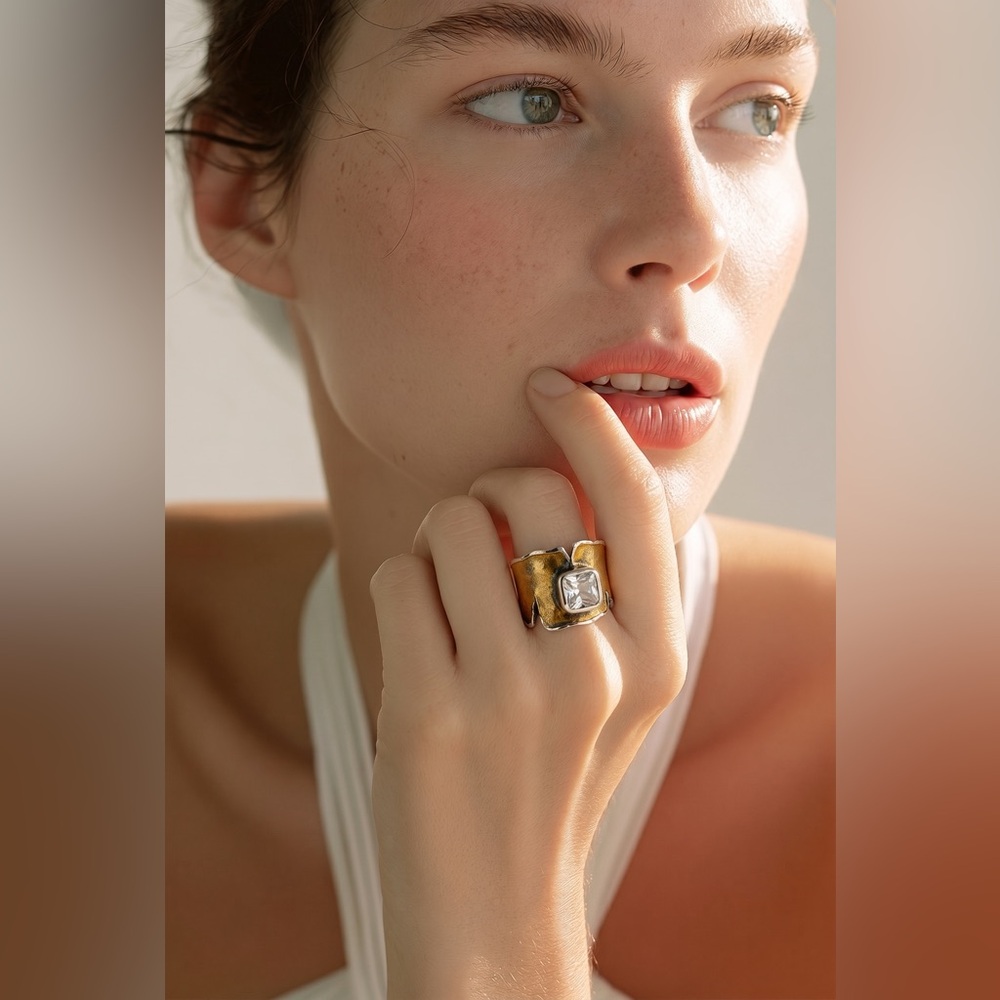 Modernist Italy Marilena Jewelry Imports Octagon Italian Gold Gilt 925 S Ring 8”
